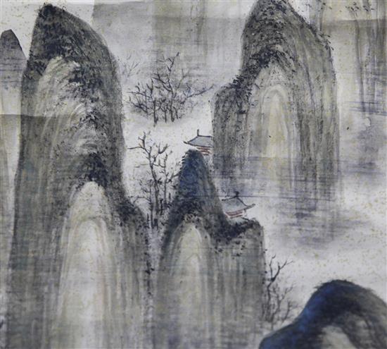 A Japanese scroll painting of a mountainous landscape,